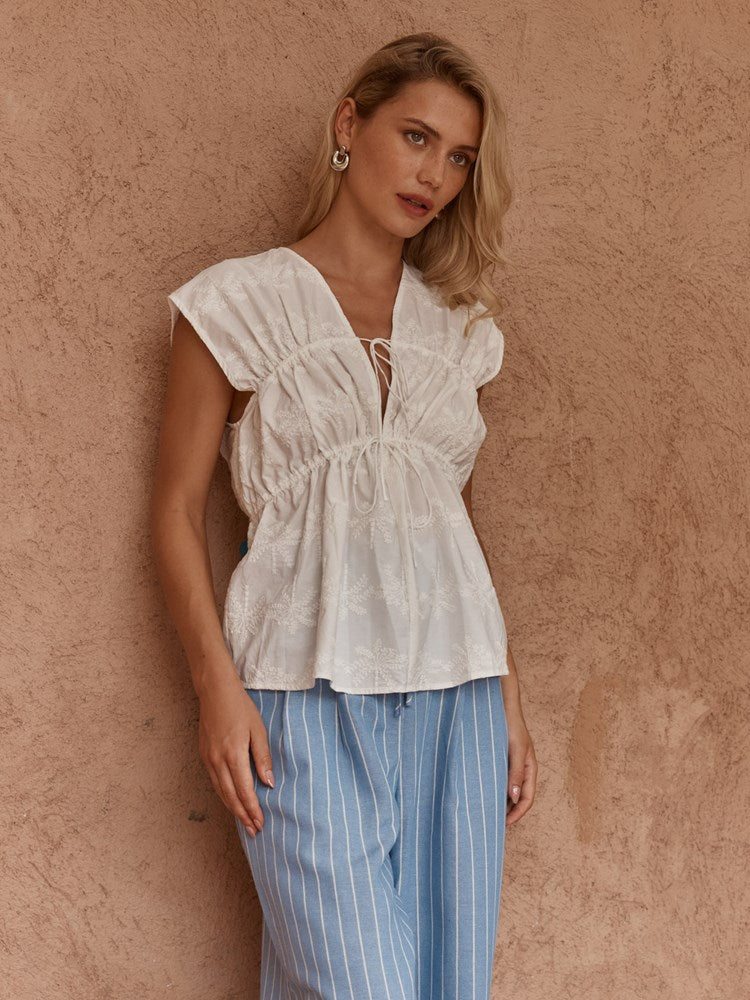 Sass Bobbie Embroidered Tie Top in White - view 3