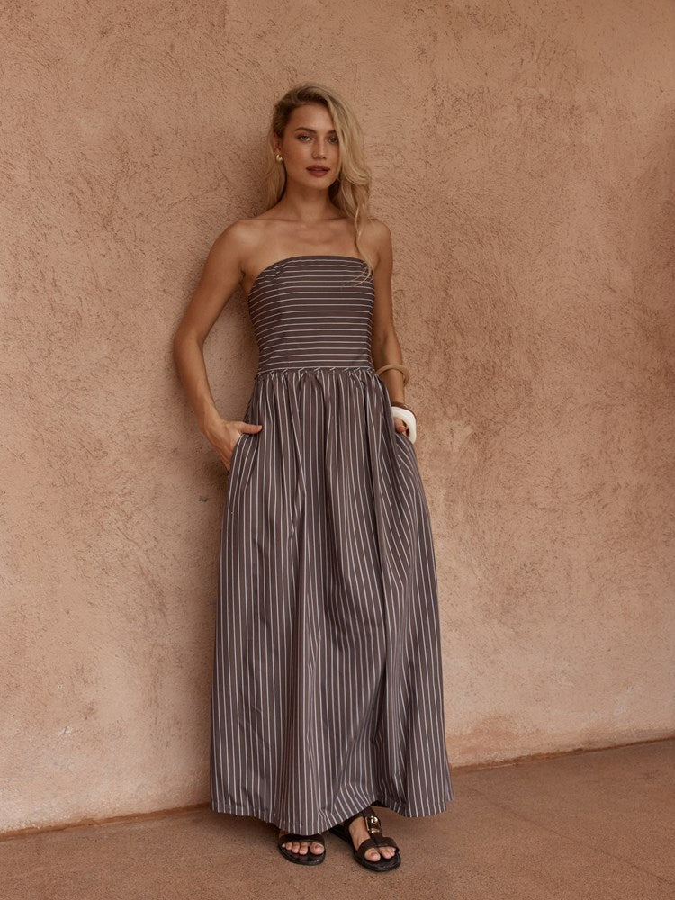 Sass Everley Strapless Dress in Choc Stripe