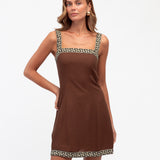 MOTIF BORDER MINI DRESS - Chocolate