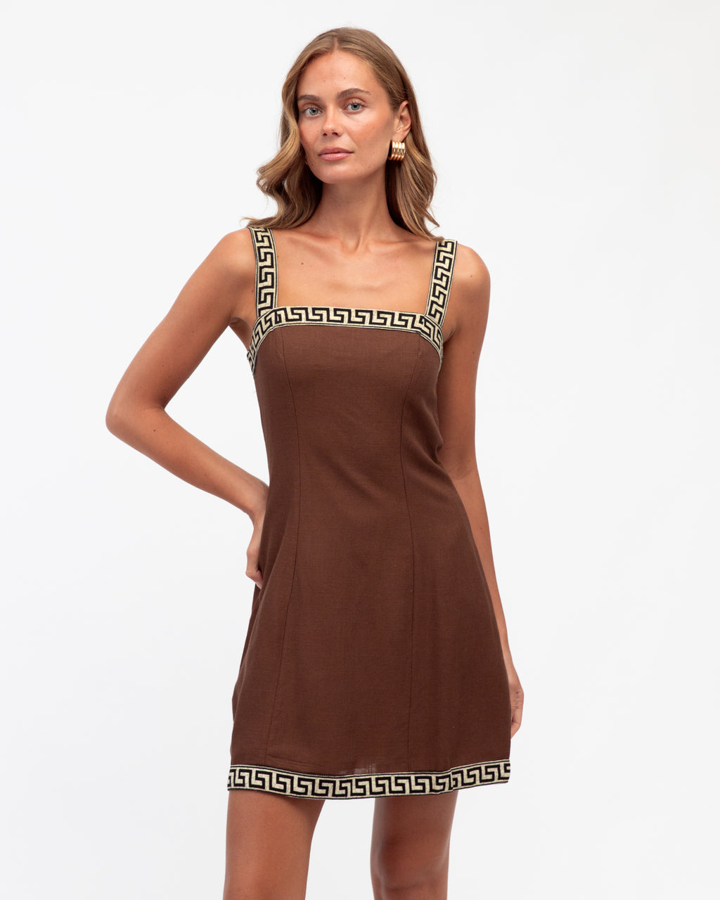 MOTIF BORDER MINI DRESS - Chocolate