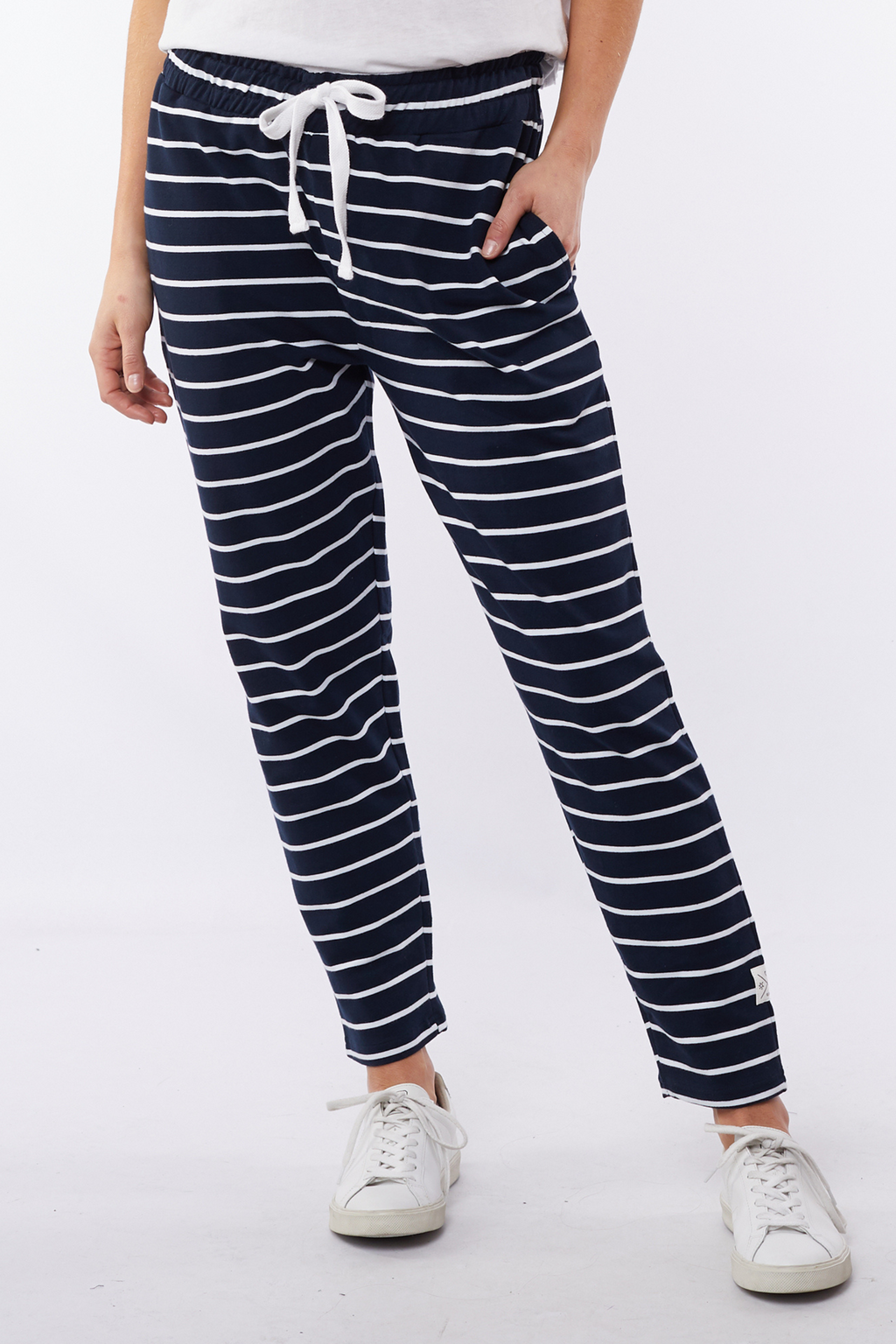 Navy blue and white striped pants online