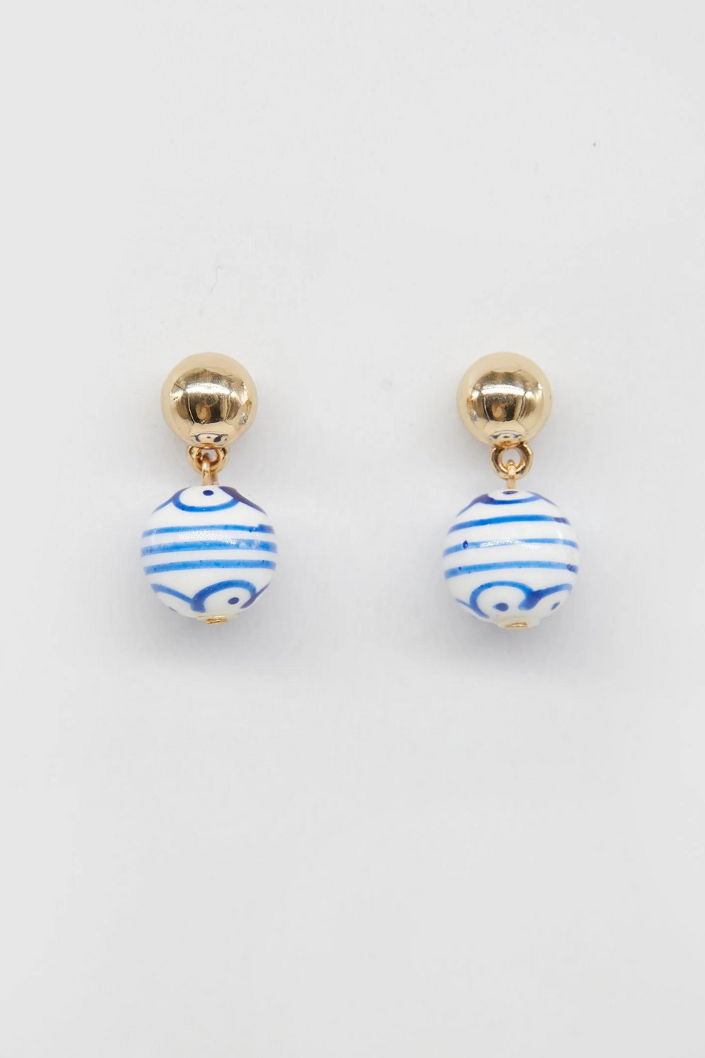 CERAMIC FLOWER BALL EARRINGS Gold White Blue Stripe Frankie