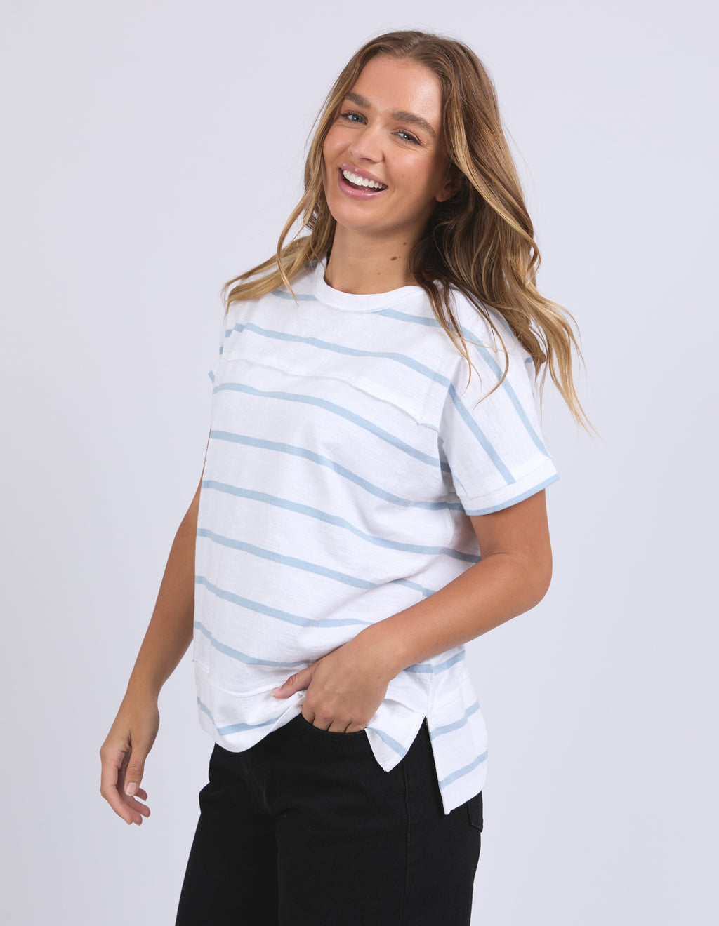 ALLISON STRIPE TEE - White With Sky Blue Stripe