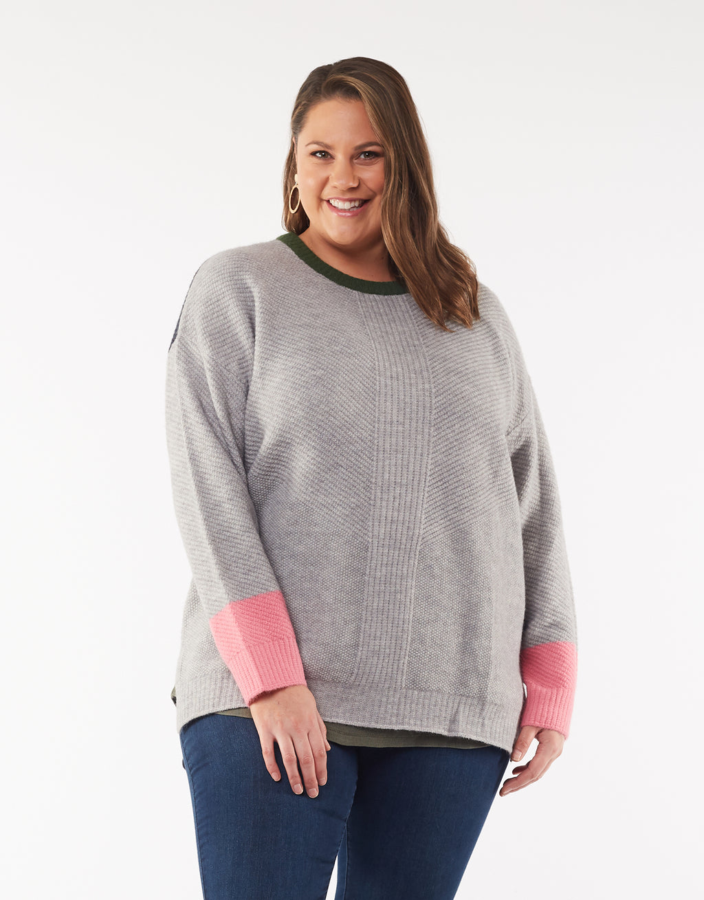 LOU LOU KNIT CREW - Grey Marle, Navy, Green & Pink