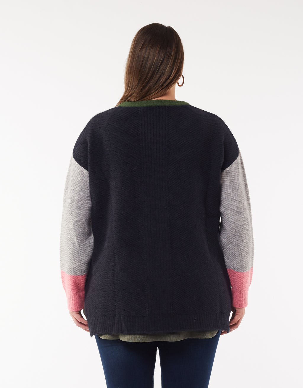 LOU LOU KNIT CREW - Grey Marle, Navy, Green & Pink