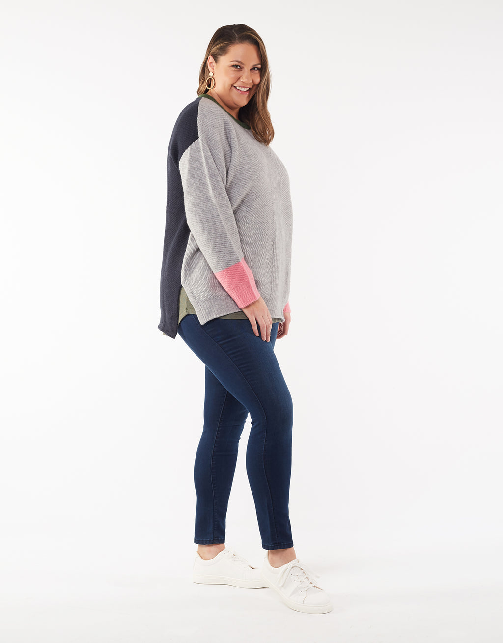 LOU LOU KNIT CREW - Grey Marle, Navy, Green & Pink