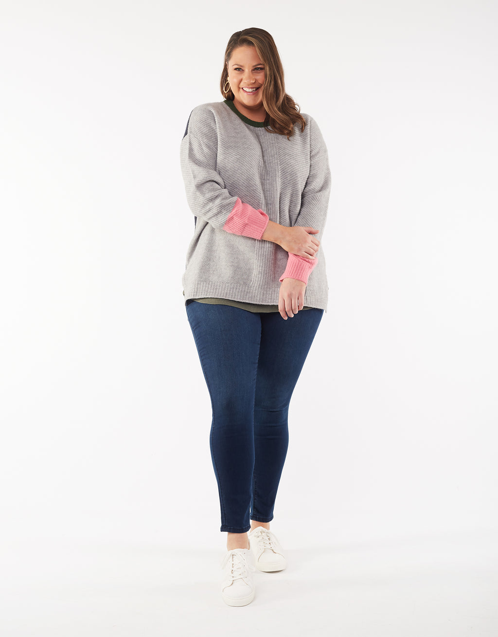 LOU LOU KNIT CREW - Grey Marle, Navy, Green & Pink