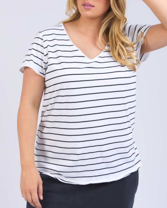 PIMA VEE TEE - White/Navy Stripe