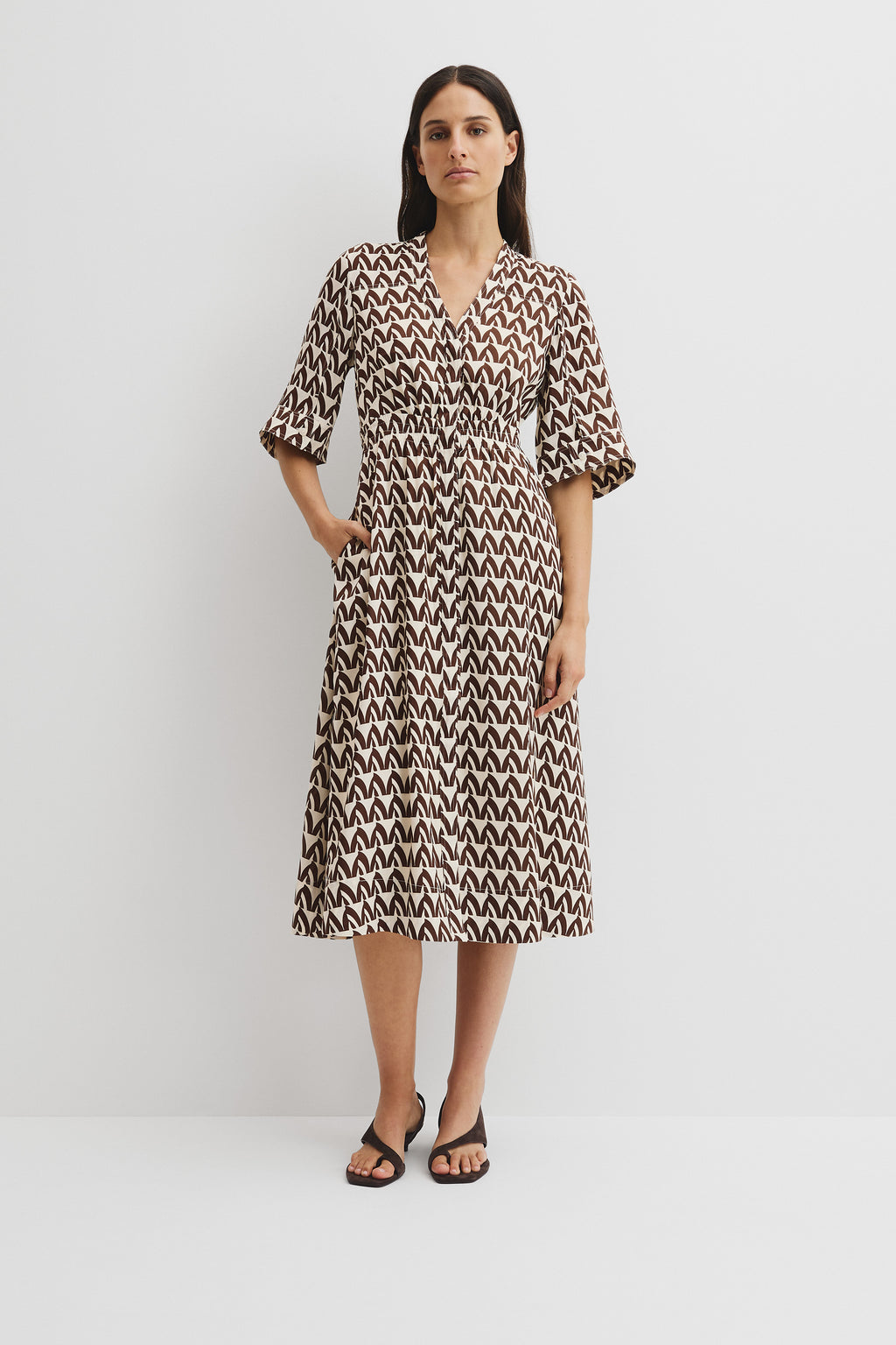 Print Elastic Detail Dress - ANTIQUE WHITE BAT