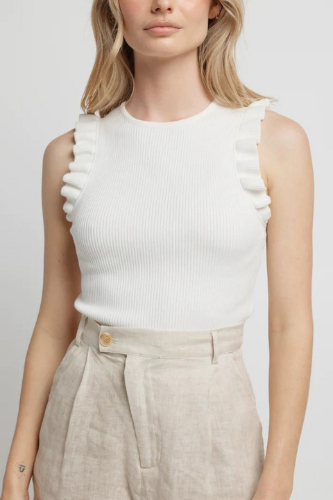JAYCI RIBBED FRILL TOP - White