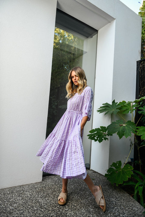 DELILAH TIERED DRESS - Purple Gingham